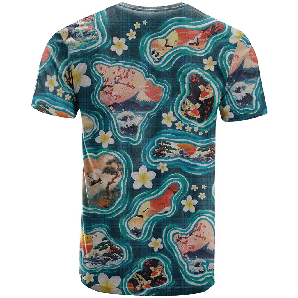 Hawaiian and Japanese Culture Together T Shirt Hawaiian Island Shapes with Japanese Landscape Teal Color LT03 - Polynesian Pride