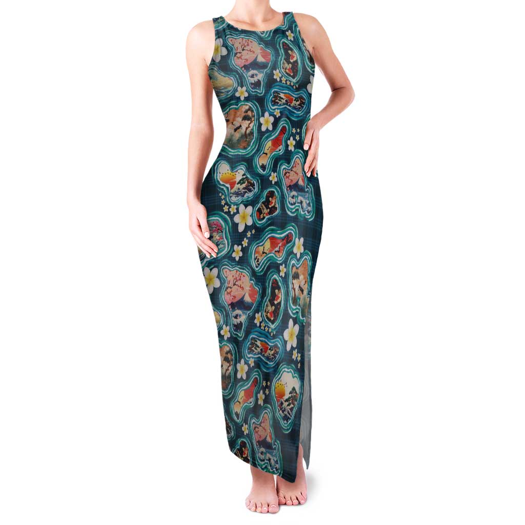 Hawaiian and Japanese Culture Together Tank Maxi Dress Hawaiian Island Shapes with Japanese Landscape Teal Color LT03 Women Teal - Polynesian Pride
