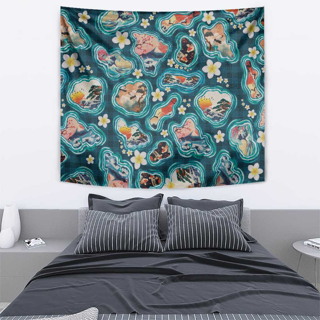 Hawaiian and Japanese Culture Together Tapestry Hawaiian Island Shapes with Japanese Landscape Teal Color LT03 - Polynesian Pride