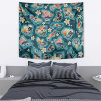 Hawaiian and Japanese Culture Together Tapestry Hawaiian Island Shapes with Japanese Landscape Teal Color LT03 - Polynesian Pride