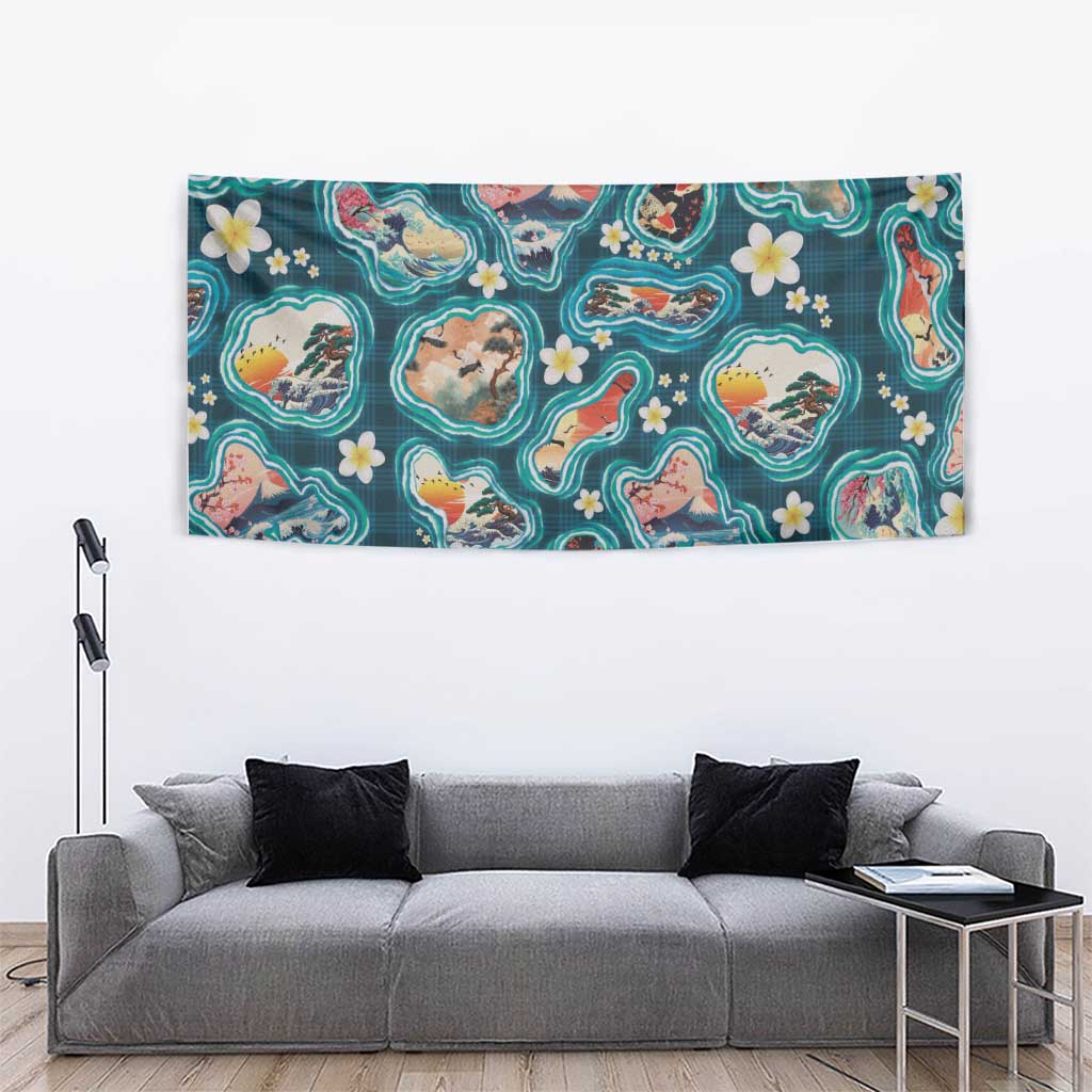 Hawaiian and Japanese Culture Together Tapestry Hawaiian Island Shapes with Japanese Landscape Teal Color LT03 - Polynesian Pride