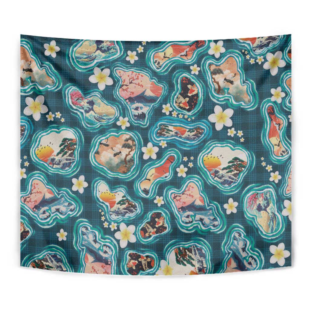 Hawaiian and Japanese Culture Together Tapestry Hawaiian Island Shapes with Japanese Landscape Teal Color LT03 - Polynesian Pride