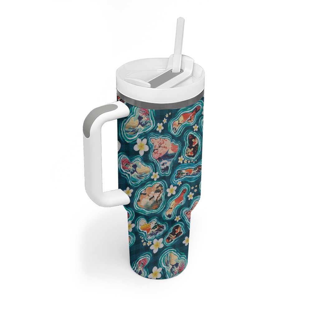 Hawaiian and Japanese Culture Together Tumbler With Handle Hawaiian Island Shapes with Japanese Landscape Teal Color