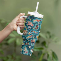 Hawaiian and Japanese Culture Together Tumbler With Handle Hawaiian Island Shapes with Japanese Landscape Teal Color