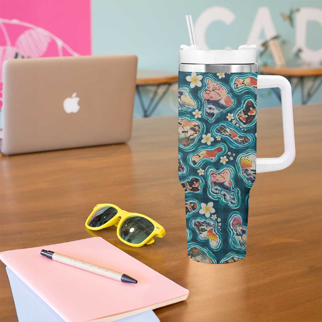 Hawaiian and Japanese Culture Together Tumbler With Handle Hawaiian Island Shapes with Japanese Landscape Teal Color