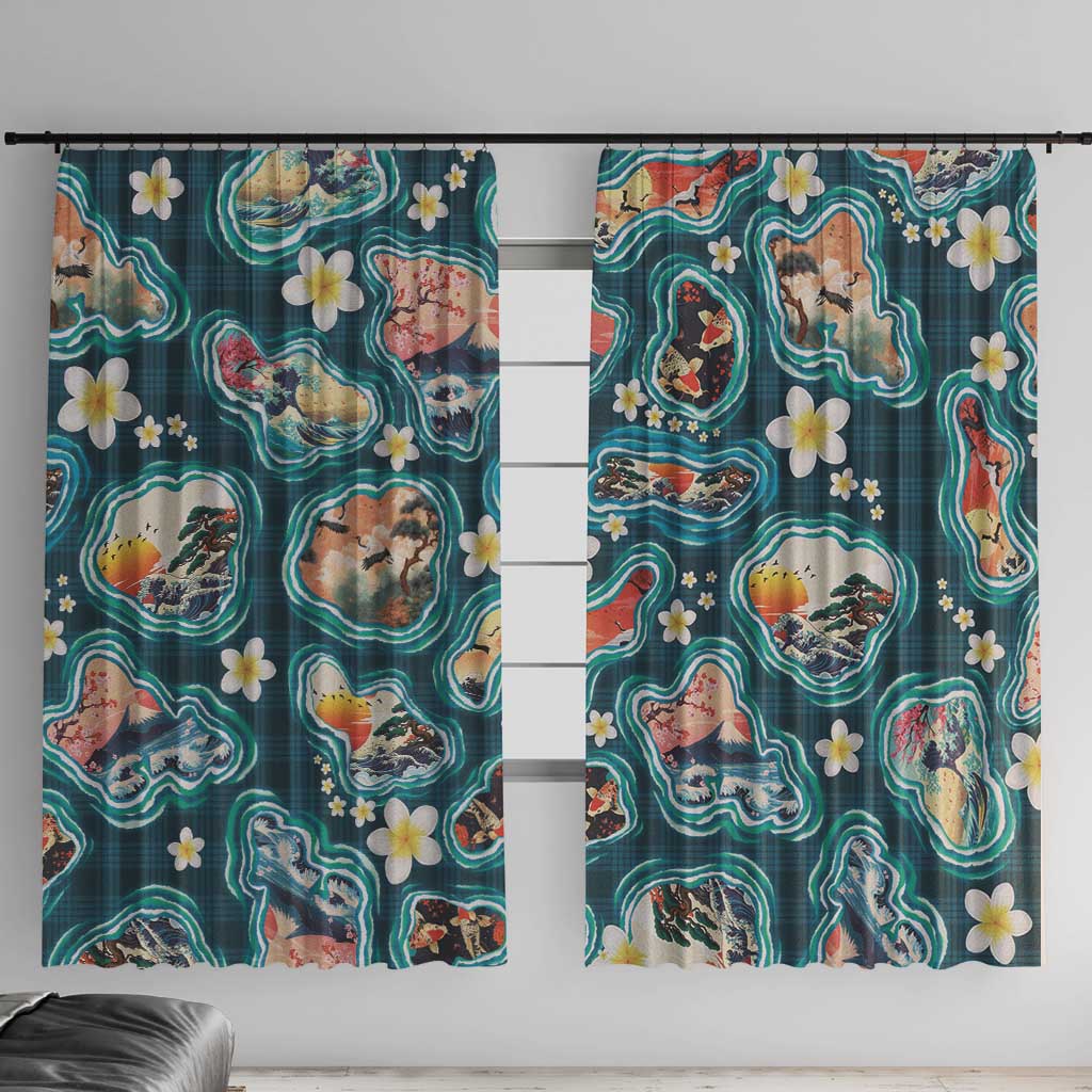 Hawaiian and Japanese Culture Together Window Curtain Hawaiian Island Shapes with Japanese Landscape Teal Color LT03 With Hooks Teal - Polynesian Pride