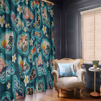 Hawaiian and Japanese Culture Together Window Curtain Hawaiian Island Shapes with Japanese Landscape Teal Color LT03 - Polynesian Pride