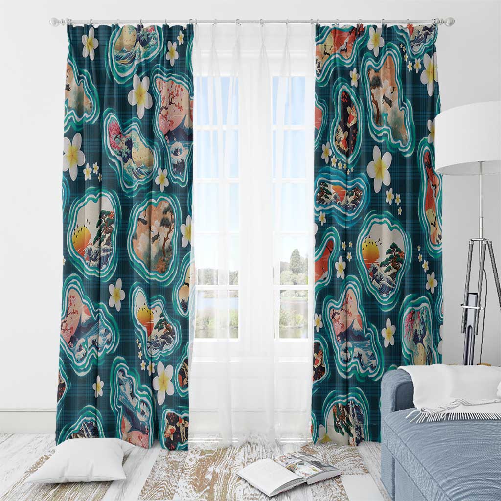 Hawaiian and Japanese Culture Together Window Curtain Hawaiian Island Shapes with Japanese Landscape Teal Color LT03 - Polynesian Pride