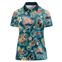 Hawaiian and Japanese Culture Together Women Polo Shirt Hawaiian Island Shapes with Japanese Landscape Teal Color LT03 Female Teal - Polynesian Pride