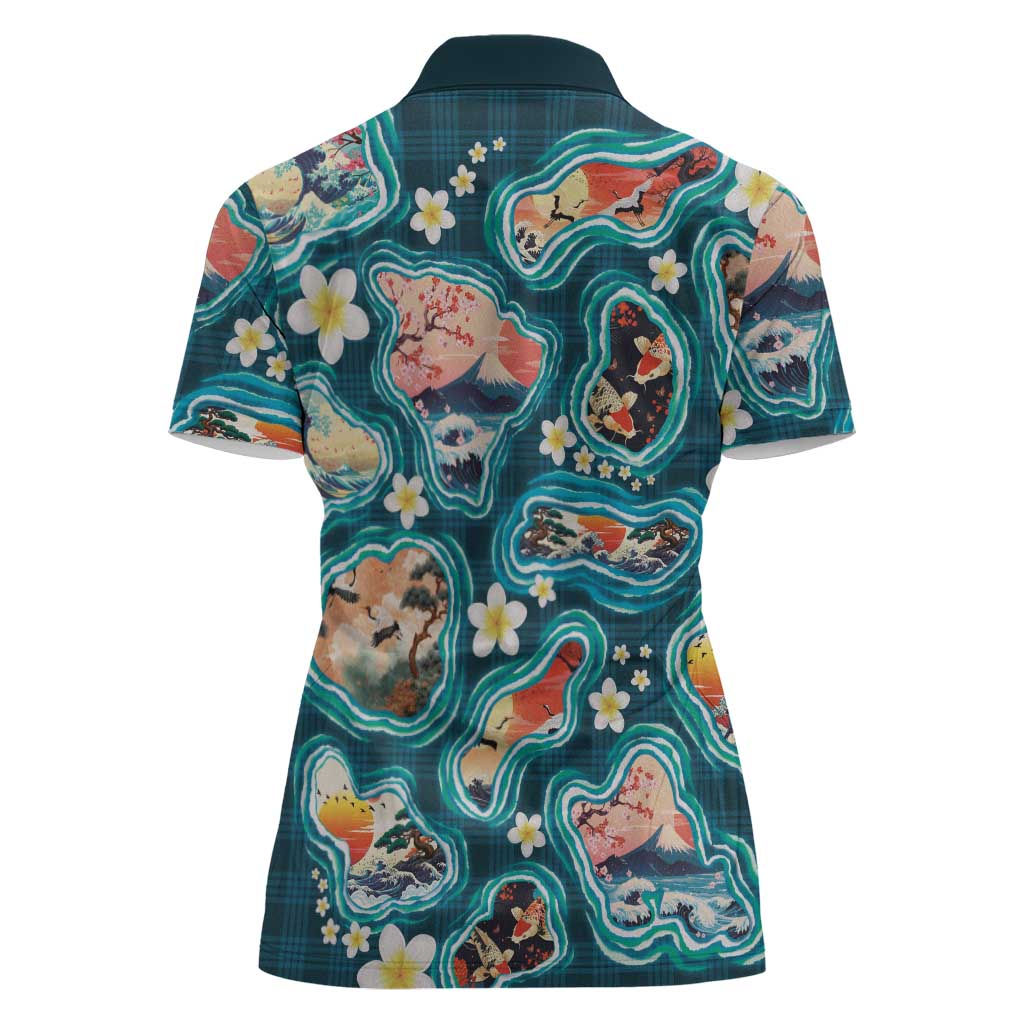 Hawaiian and Japanese Culture Together Women Polo Shirt Hawaiian Island Shapes with Japanese Landscape Teal Color LT03 - Polynesian Pride