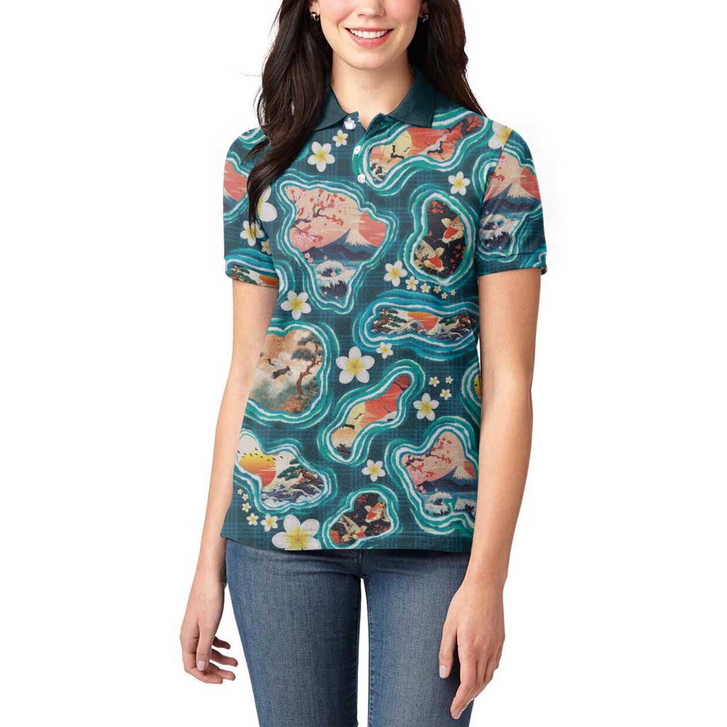 Hawaiian and Japanese Culture Together Women Polo Shirt Hawaiian Island Shapes with Japanese Landscape Teal Color LT03 - Polynesian Pride
