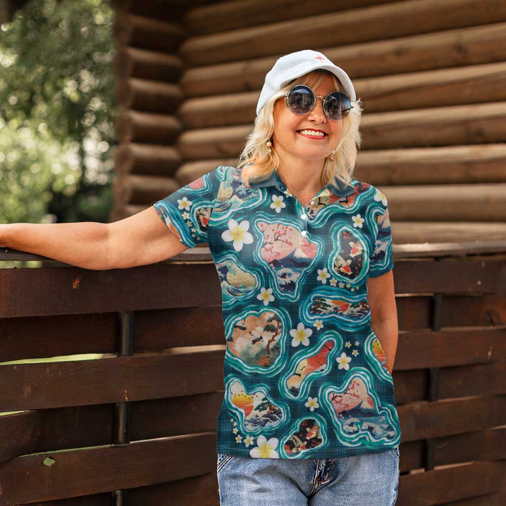 Hawaiian and Japanese Culture Together Women Polo Shirt Hawaiian Island Shapes with Japanese Landscape Teal Color LT03 - Polynesian Pride