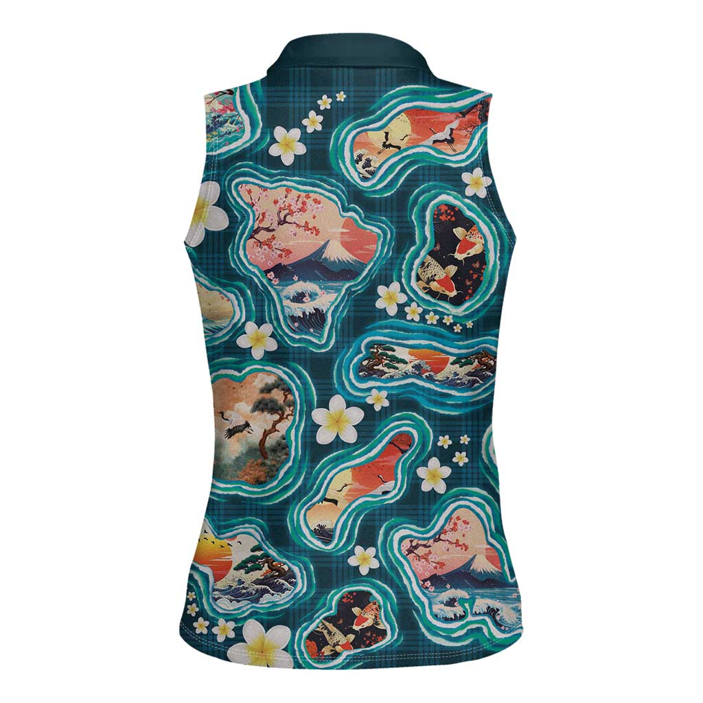 Hawaiian and Japanese Culture Together Women Sleeveless Polo Shirt Hawaiian Island Shapes with Japanese Landscape Teal Color LT03 - Polynesian Pride