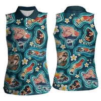 Hawaiian and Japanese Culture Together Women Sleeveless Polo Shirt Hawaiian Island Shapes with Japanese Landscape Teal Color LT03 - Polynesian Pride