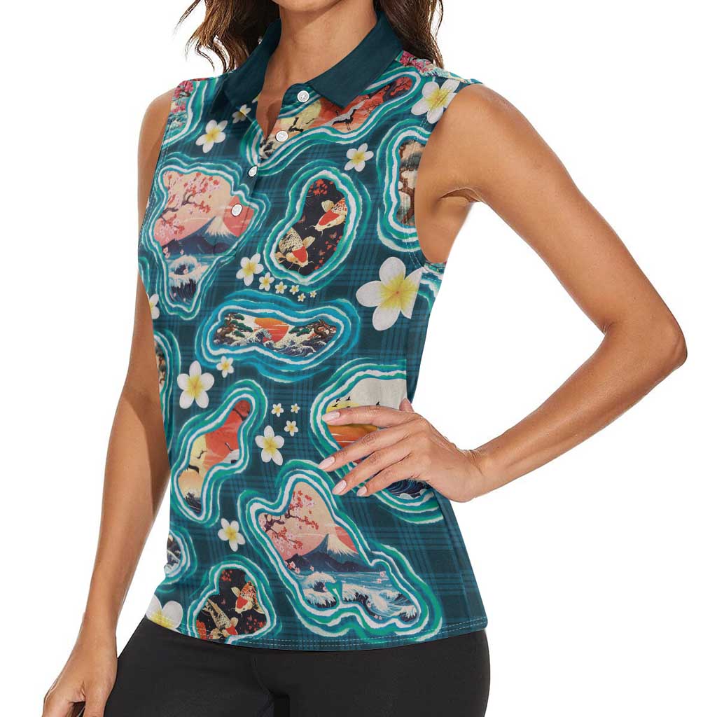 Hawaiian and Japanese Culture Together Women Sleeveless Polo Shirt Hawaiian Island Shapes with Japanese Landscape Teal Color LT03 - Polynesian Pride