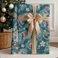 Hawaiian and Japanese Culture Together Wrapping Paper Hawaiian Island Shapes with Japanese Landscape Teal Color LT03 - Polynesian Pride