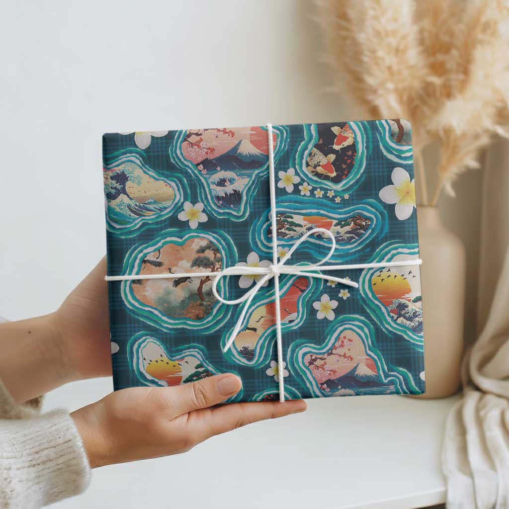 Hawaiian and Japanese Culture Together Wrapping Paper Hawaiian Island Shapes with Japanese Landscape Teal Color LT03 - Polynesian Pride