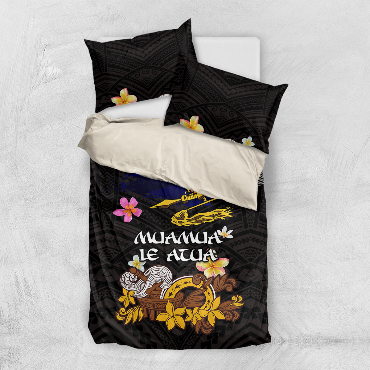American Samoa Fue and Kava Bowl Bedding Set Plumeria and Polynesian Pattern