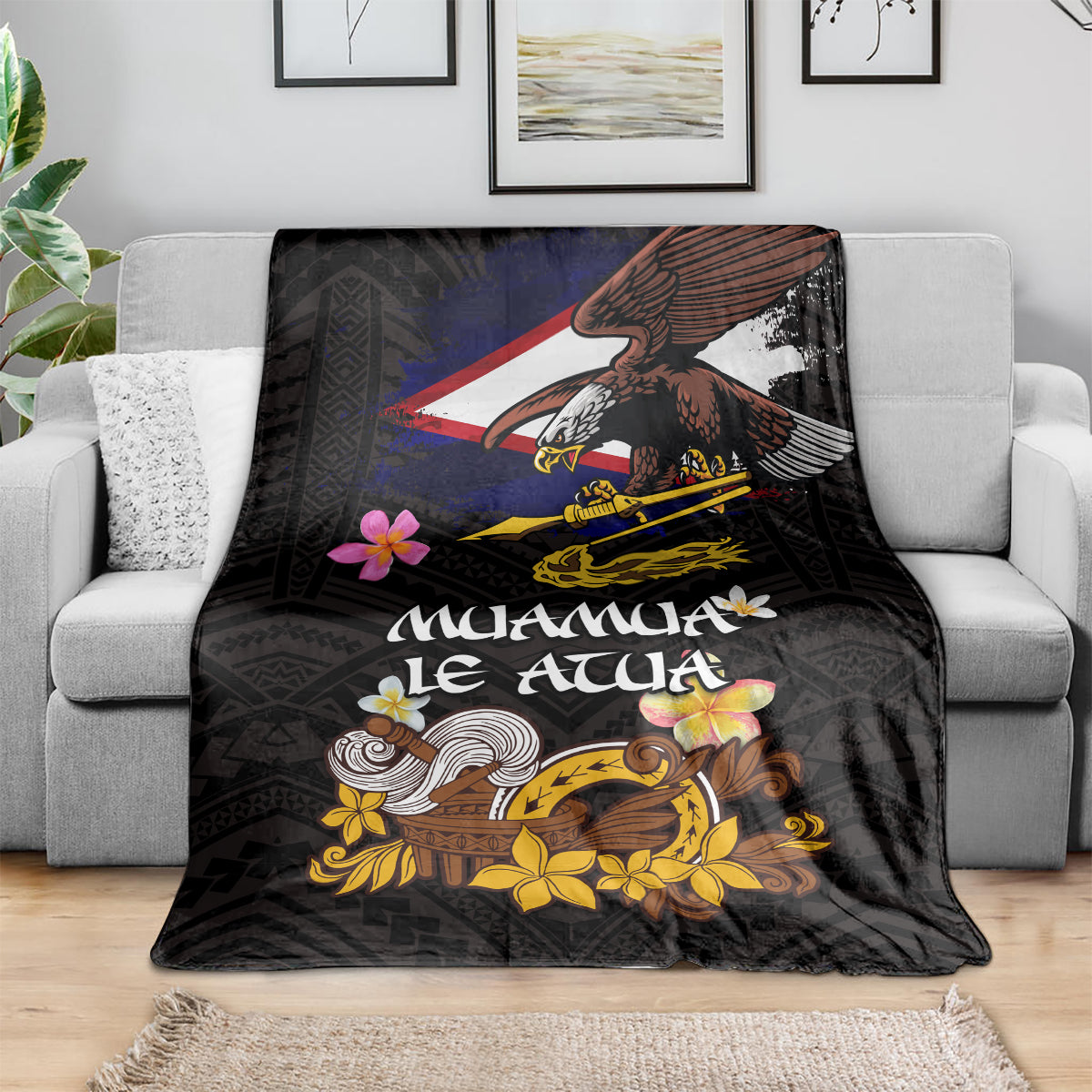 American Samoa Fue and Kava Bowl Blanket Plumeria and Polynesian Pattern