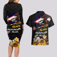 American Samoa Fue and Kava Bowl Couples Matching Long Sleeve Bodycon Dress and Hawaiian Shirt Plumeria and Polynesian Pattern LT03 - Polynesian Pride