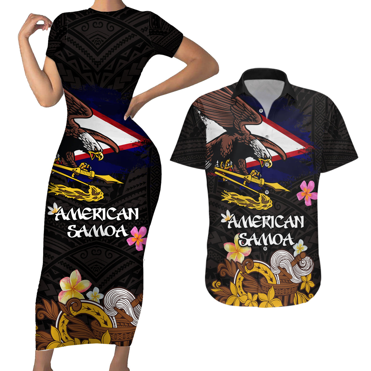 American Samoa Fue and Kava Bowl Couples Matching Short Sleeve Bodycon Dress and Hawaiian Shirt Plumeria and Polynesian Pattern LT03 Black - Polynesian Pride
