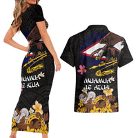 American Samoa Fue and Kava Bowl Couples Matching Short Sleeve Bodycon Dress and Hawaiian Shirt Plumeria and Polynesian Pattern LT03 - Polynesian Pride