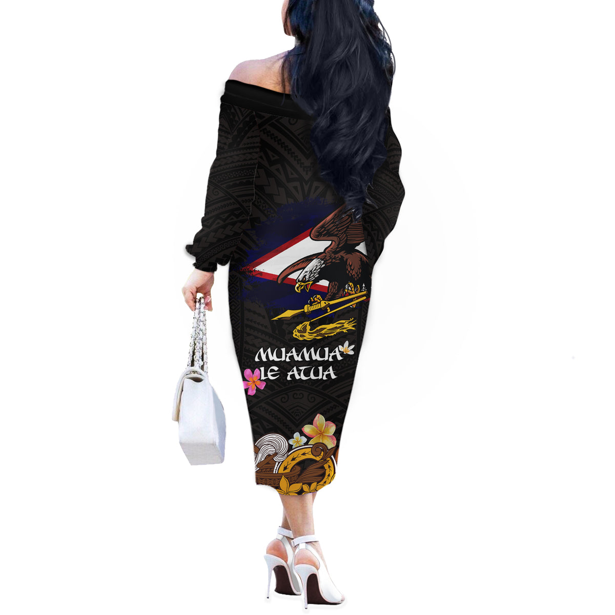 American Samoa Fue and Kava Bowl Off The Shoulder Long Sleeve Dress Plumeria and Polynesian Pattern