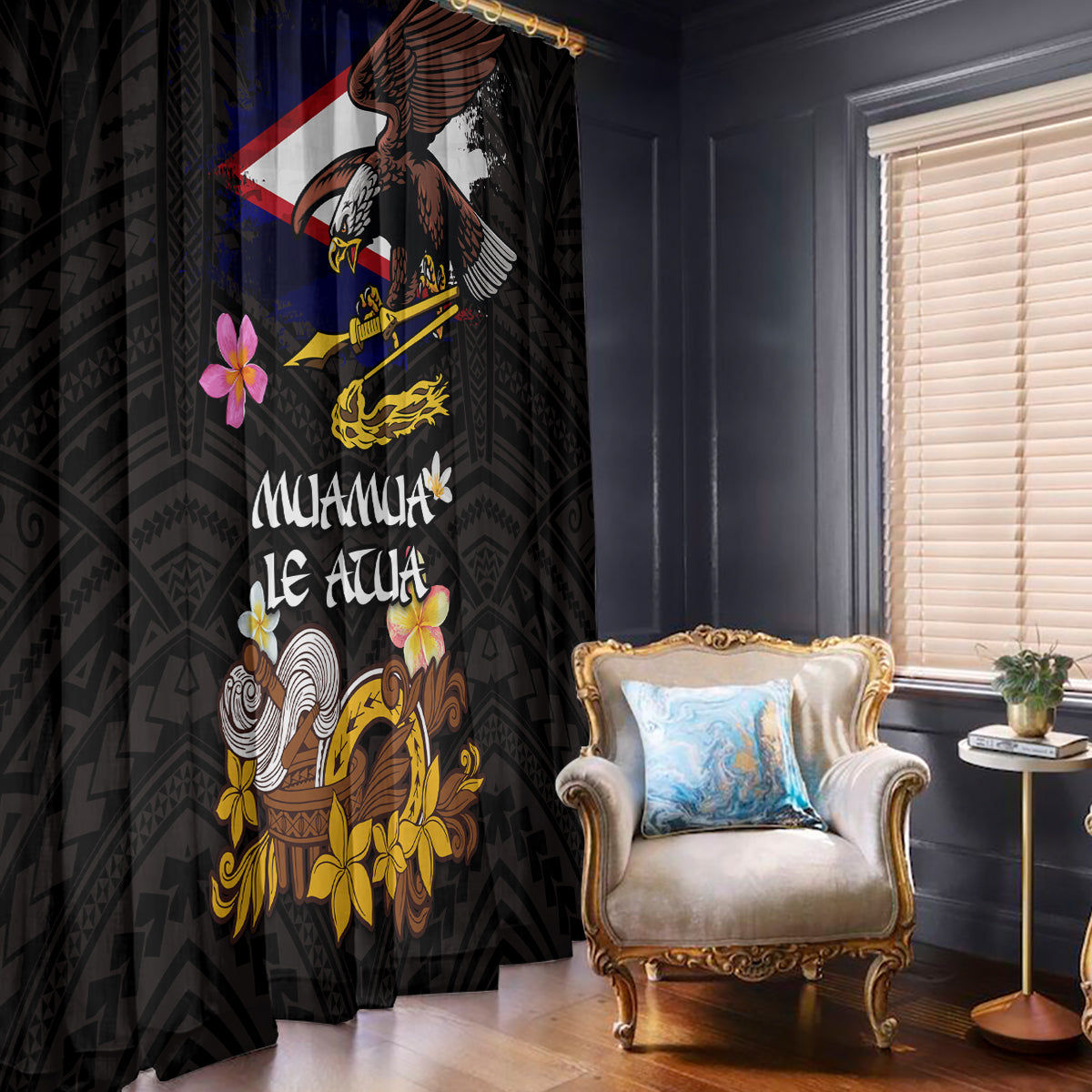 American Samoa Fue and Kava Bowl Window Curtain Plumeria and Polynesian Pattern