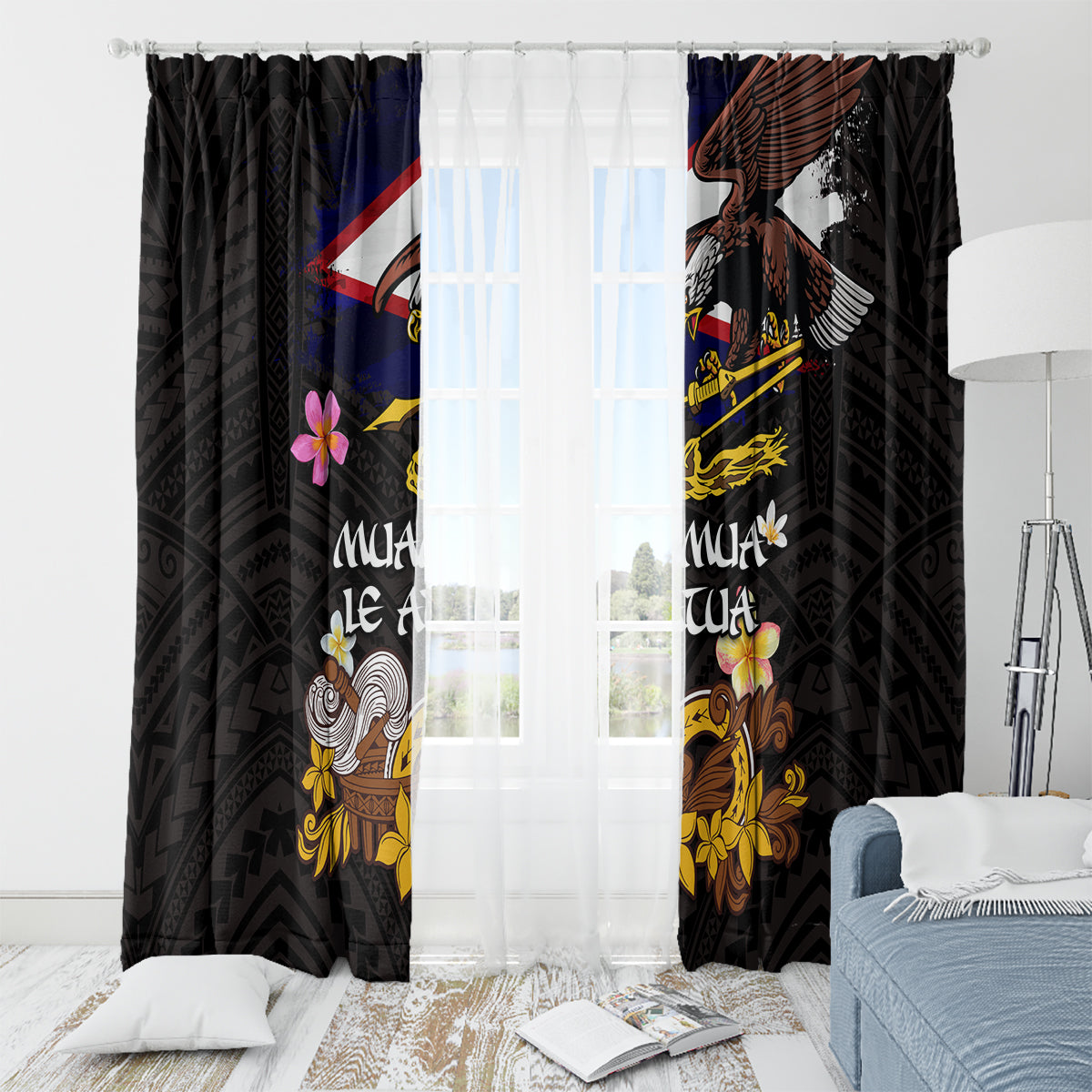 American Samoa Fue and Kava Bowl Window Curtain Plumeria and Polynesian Pattern