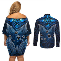 New Zealand Matariki Couples Matching Off Shoulder Short Dress and Long Sleeve Button Shirt Maori Pattern and Kiwi Bird Haka Dance Sky Night