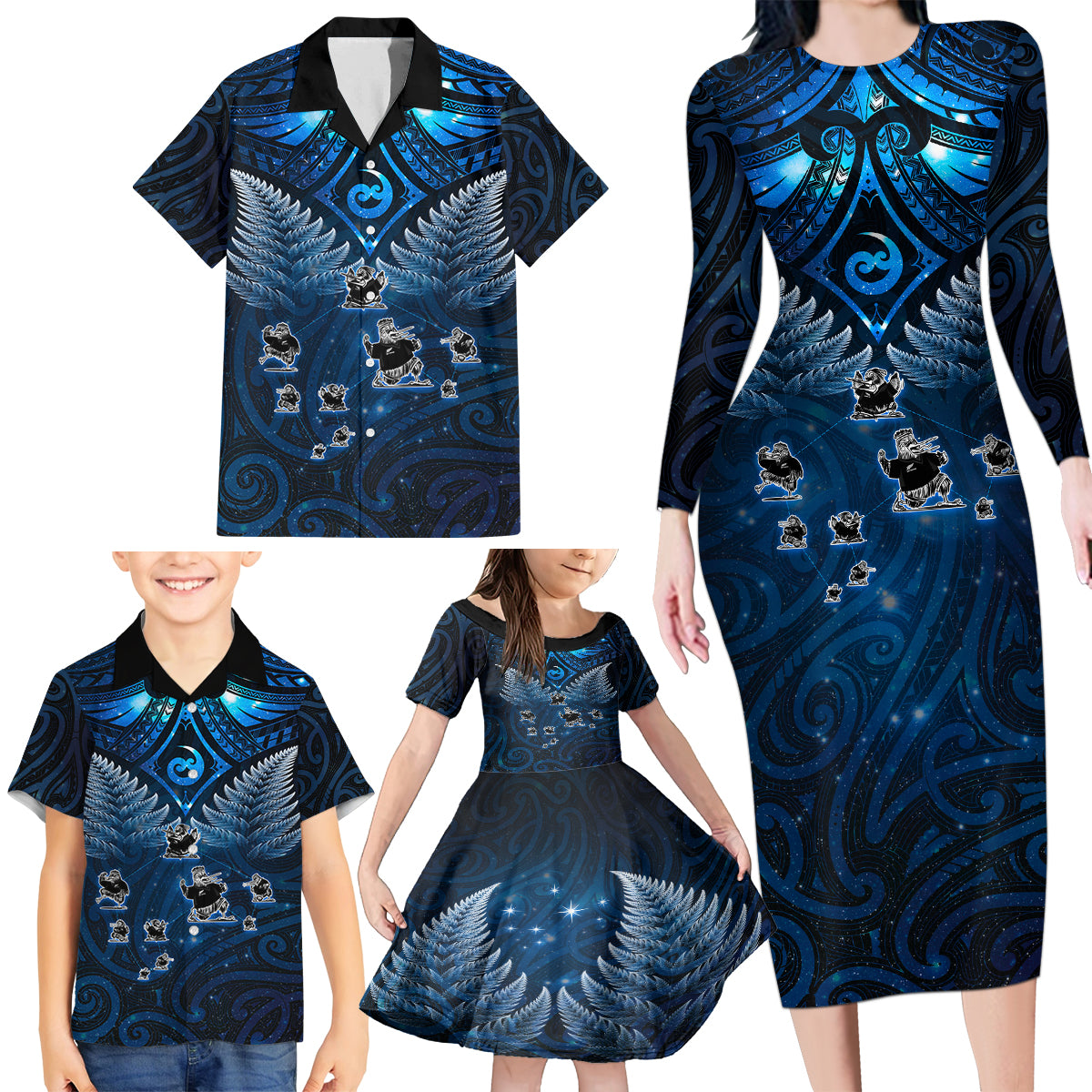 New Zealand Matariki Family Matching Long Sleeve Bodycon Dress and Hawaiian Shirt Maori Pattern and Kiwi Bird Haka Dance Sky Night LT03 - Polynesian Pride