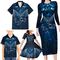 New Zealand Matariki Family Matching Long Sleeve Bodycon Dress and Hawaiian Shirt Maori Pattern and Kiwi Bird Haka Dance Sky Night LT03 - Polynesian Pride