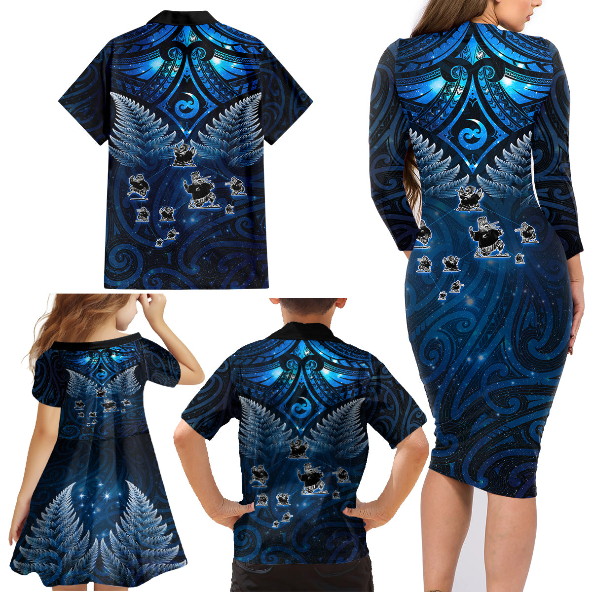 New Zealand Matariki Family Matching Long Sleeve Bodycon Dress and Hawaiian Shirt Maori Pattern and Kiwi Bird Haka Dance Sky Night LT03 - Polynesian Pride