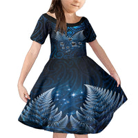 New Zealand Matariki Family Matching Mermaid Dress and Hawaiian Shirt Maori Pattern and Kiwi Bird Haka Dance Sky Night LT03 Daughter's Dress Blue - Polynesian Pride