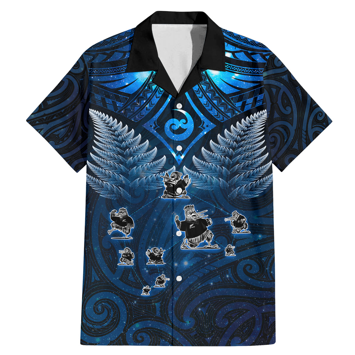 New Zealand Matariki Family Matching Mermaid Dress and Hawaiian Shirt Maori Pattern and Kiwi Bird Haka Dance Sky Night LT03 Dad's Shirt - Short Sleeve Blue - Polynesian Pride