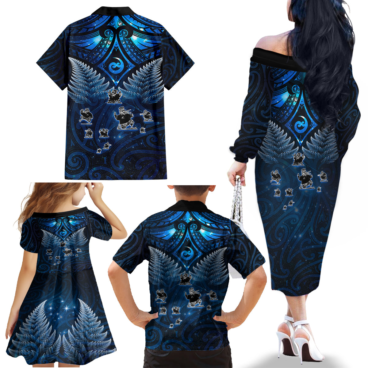 New Zealand Matariki Family Matching Off The Shoulder Long Sleeve Dress and Hawaiian Shirt Maori Pattern and Kiwi Bird Haka Dance Sky Night LT03 - Polynesian Pride