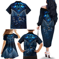 New Zealand Matariki Family Matching Off The Shoulder Long Sleeve Dress and Hawaiian Shirt Maori Pattern and Kiwi Bird Haka Dance Sky Night LT03 - Polynesian Pride