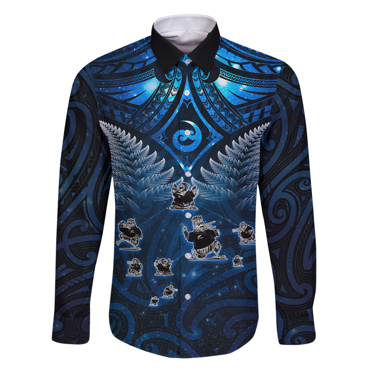New Zealand Matariki Family Matching Off The Shoulder Long Sleeve Dress and Hawaiian Shirt Maori Pattern and Kiwi Bird Haka Dance Sky Night LT03 Dad's Shirt - Long Sleeve Blue - Polynesian Pride