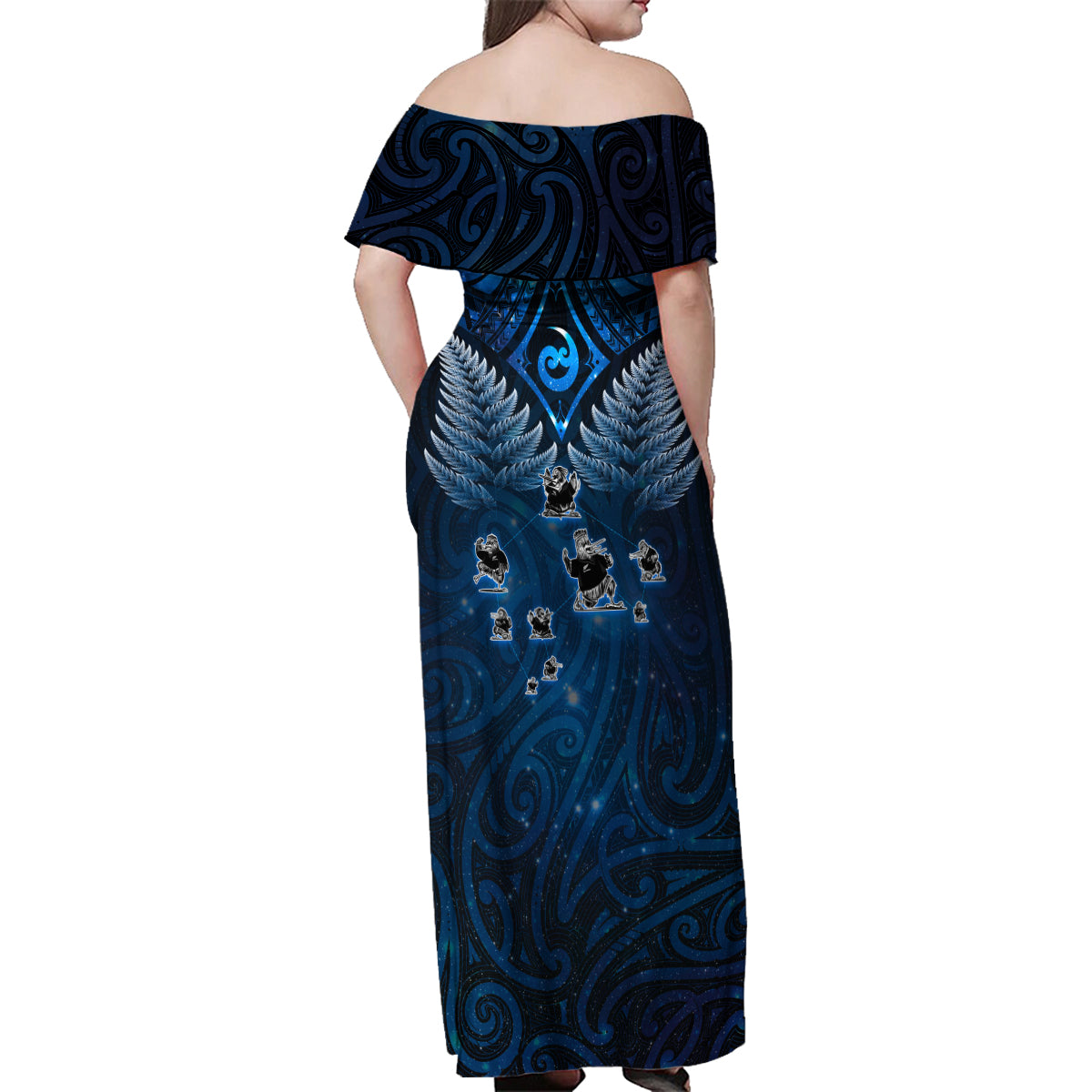 New Zealand Matariki Family Matching Off Shoulder Maxi Dress and Hawaiian Shirt Maori Pattern and Kiwi Bird Haka Dance Sky Night