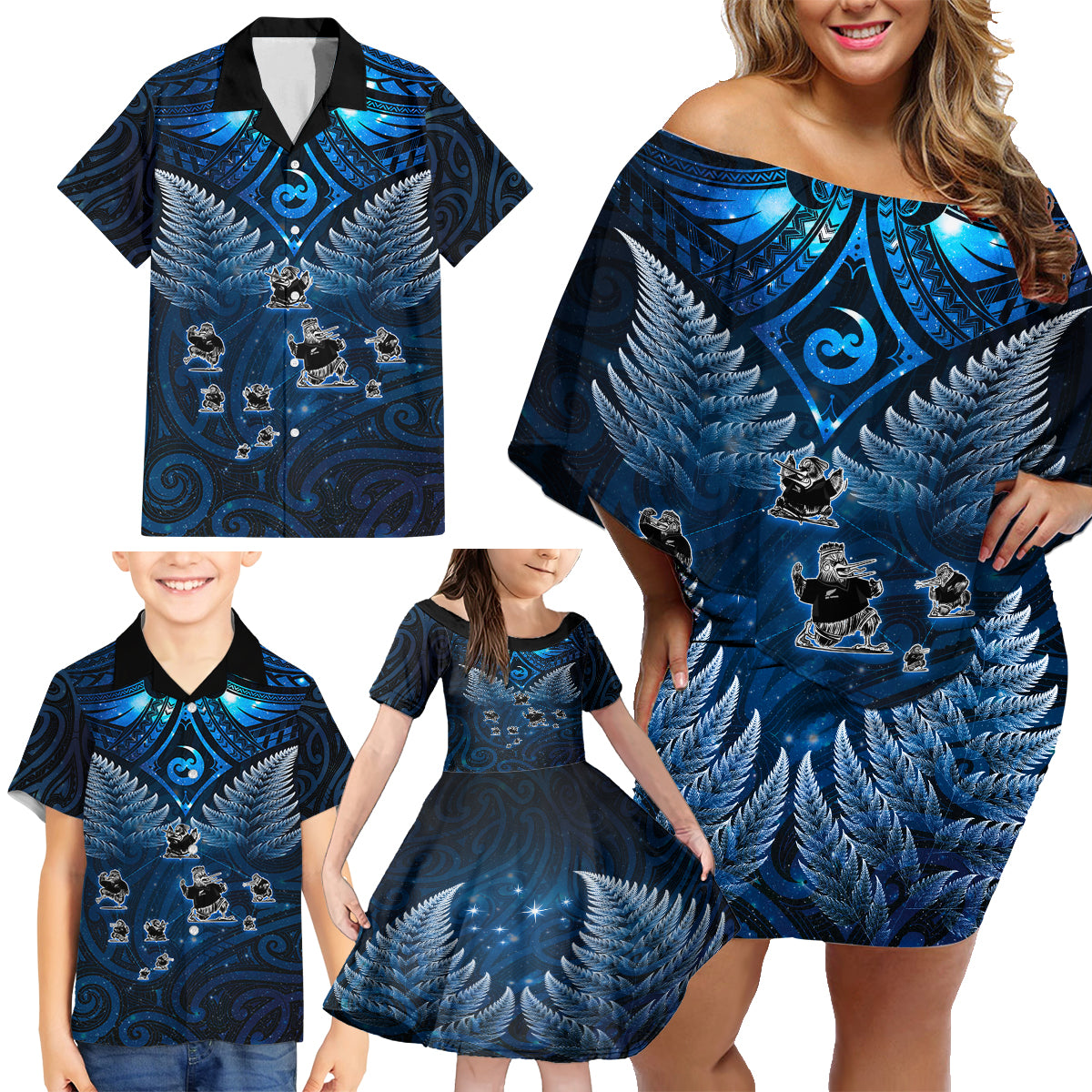 New Zealand Matariki Family Matching Off Shoulder Short Dress and Hawaiian Shirt Maori Pattern and Kiwi Bird Haka Dance Sky Night LT03 - Polynesian Pride