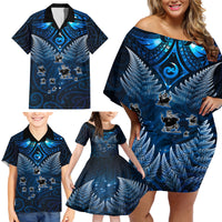 New Zealand Matariki Family Matching Off Shoulder Short Dress and Hawaiian Shirt Maori Pattern and Kiwi Bird Haka Dance Sky Night LT03 - Polynesian Pride