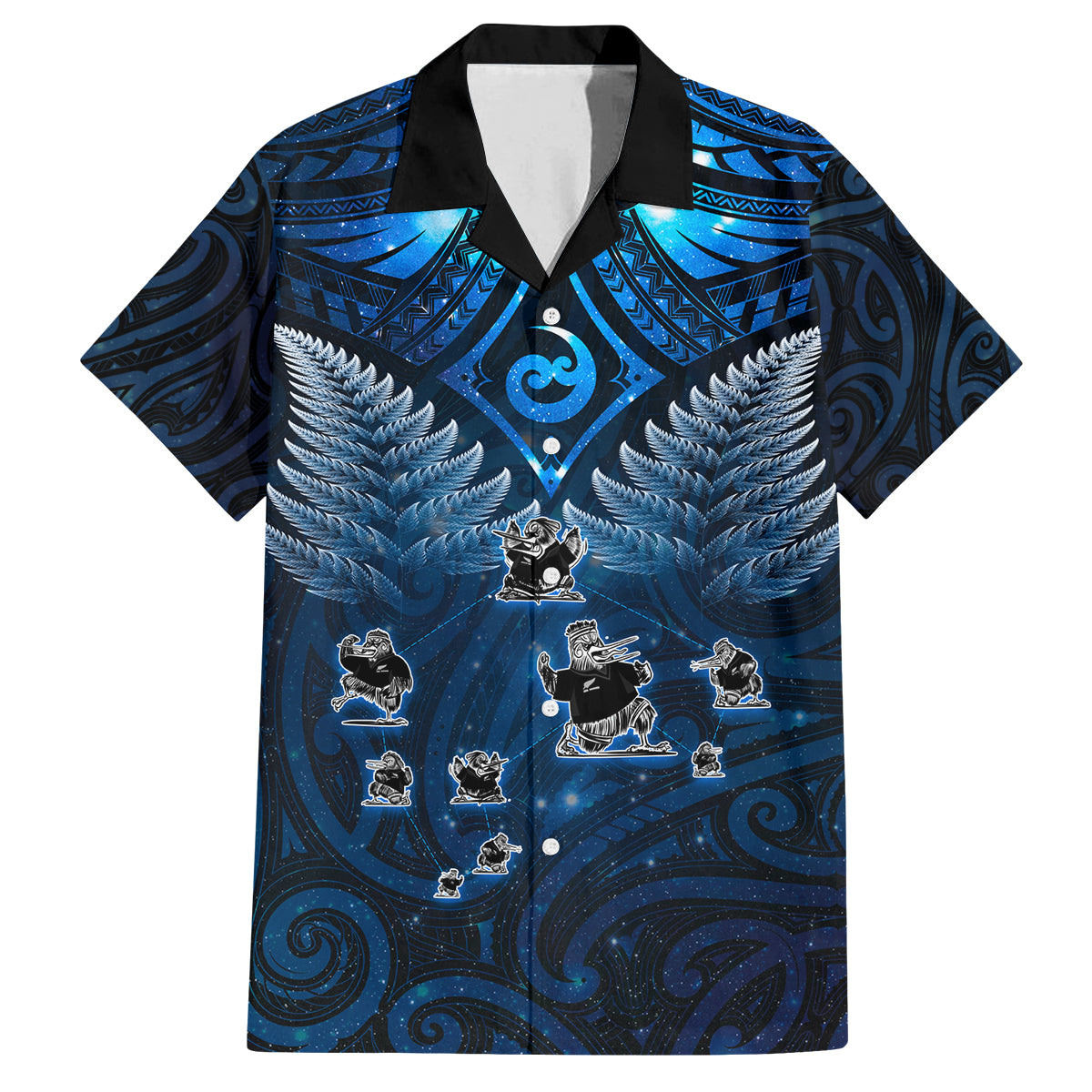 New Zealand Matariki Family Matching Off Shoulder Short Dress and Hawaiian Shirt Maori Pattern and Kiwi Bird Haka Dance Sky Night LT03 Dad's Shirt - Short Sleeve Blue - Polynesian Pride
