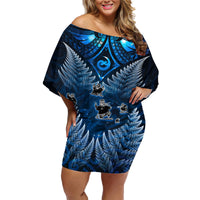 New Zealand Matariki Family Matching Off Shoulder Short Dress and Hawaiian Shirt Maori Pattern and Kiwi Bird Haka Dance Sky Night LT03 Mom's Dress Blue - Polynesian Pride