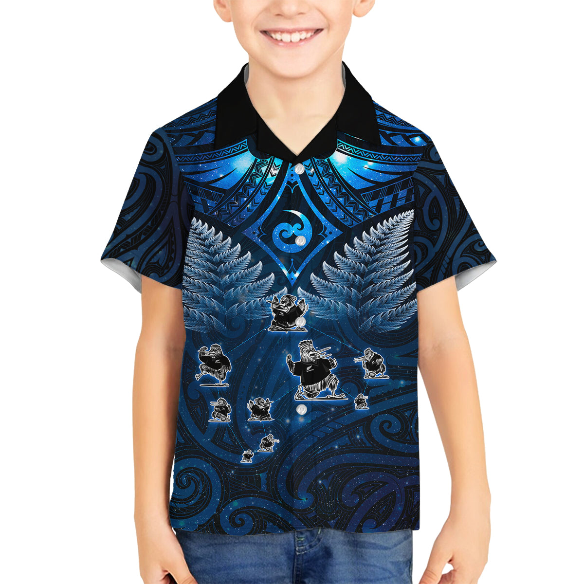 New Zealand Matariki Family Matching Off Shoulder Short Dress and Hawaiian Shirt Maori Pattern and Kiwi Bird Haka Dance Sky Night LT03 Son's Shirt Blue - Polynesian Pride
