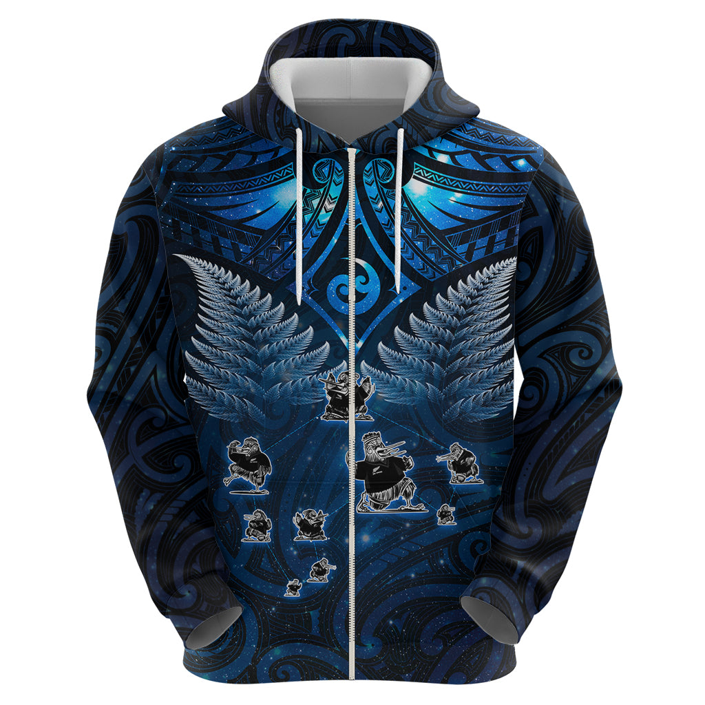 New Zealand Matariki Zip Hoodie Maori Pattern and Kiwi Bird Haka Dance Sky Night