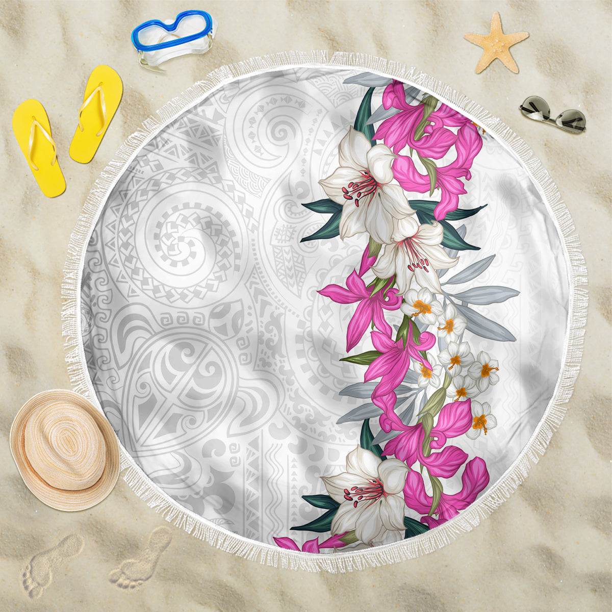 Hawaii Tropical Leaves and Flowers Beach Blanket Tribal Polynesian Pattern White Style