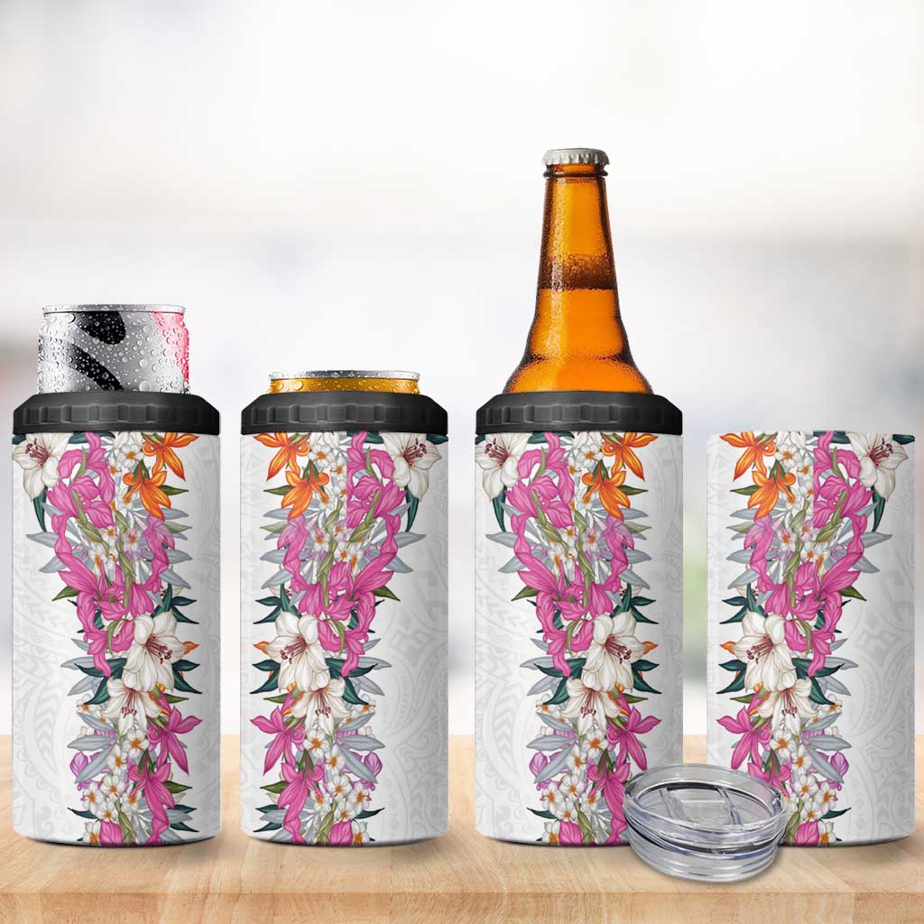 Hawaii Tropical Leaves and Flowers 4 in 1 Can Cooler Tumbler Tribal Polynesian Pattern White Style