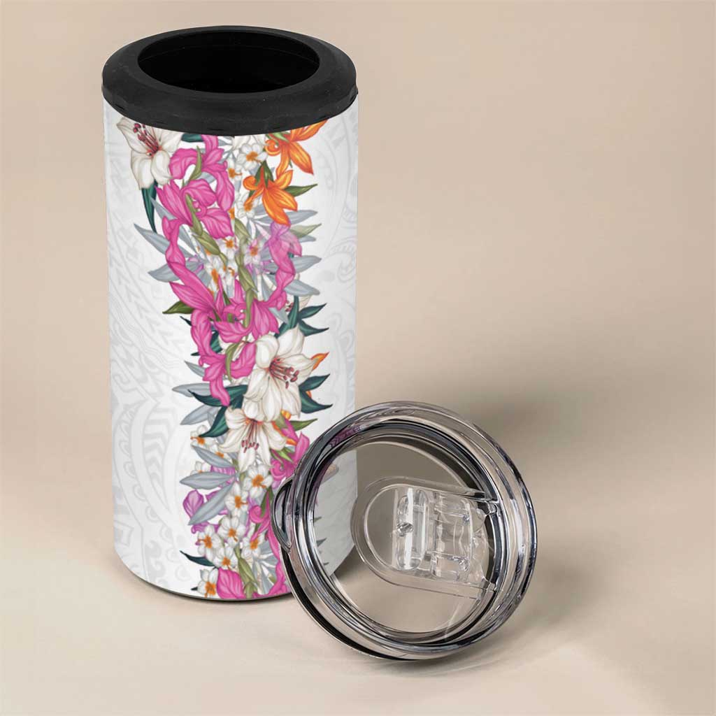 Hawaii Tropical Leaves and Flowers 4 in 1 Can Cooler Tumbler Tribal Polynesian Pattern White Style