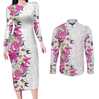 Hawaii Tropical Leaves and Flowers Couples Matching Long Sleeve Bodycon Dress and Long Sleeve Button Shirt Tribal Polynesian Pattern White Style