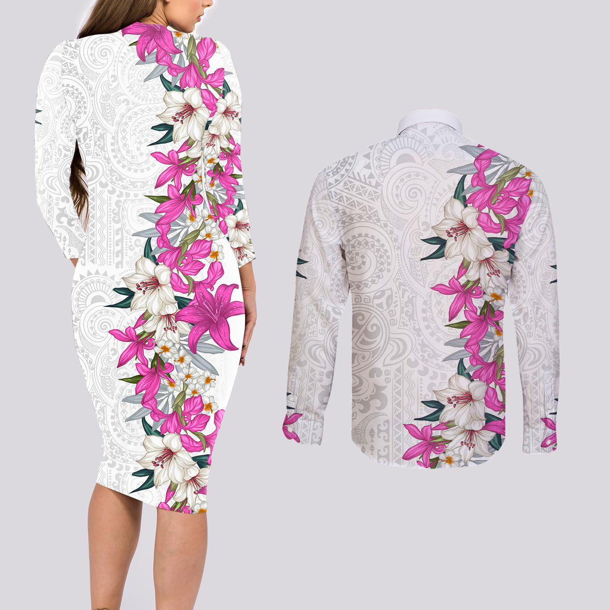 Hawaii Tropical Leaves and Flowers Couples Matching Long Sleeve Bodycon Dress and Long Sleeve Button Shirt Tribal Polynesian Pattern White Style